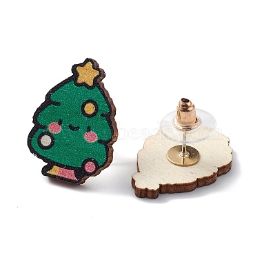 Green Christmas Tree Wood Stud Earrings