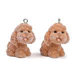 Flocky Resin Pendants, Dog, with Platinum Iron Loop, Chocolate, 33x21x27.5mm, Hole: 2mm(FIND-A052-06K)