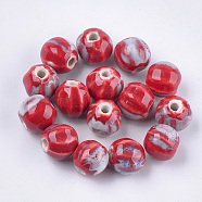 Handmade Porcelain Beads, Fancy Antique Glazed Porcelain, Round, Red, 11~12x10~11x10~10.5mm, Hole: 2~2.5mm(PORC-S498-24O)