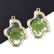 Epoxy Resin Pendants, with Dried Flower Inside and Light Gold Plated Alloy Open Back Bezel, Nuggets, Lime Green, 35x26x1.5mm, Hole: 1.6mm(RESI-T045-028B)
