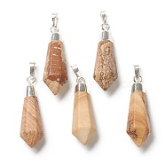 Natural Picasso Jasper Pendants, with Silver Brass Findings, Faceted, Bullet, 40x12x11mm, Hole: 7x5mm(G-P445-E04)