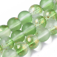 Frosted Spray Painted Glass Beads Strands, with Golden Foil, Round, Lime Green, 8~9mm, Hole: 1.2~1.5mm, about 46~56pcs/Strand, 14.37 inch~16.3 inch(36.5~41.4cm)(GLAA-N035-03C-C02)