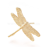 Brass Stud Earring Findings, with Loop, Nickel Free, Real 18K Gold Plated, Dragonfly, 12x16mm, Hole: 1mm, pin: 0.8mm(KK-Q735-142G)