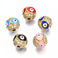 Brass Micro Pave Cubic Zirconia Beads, with Enamel, Real 18K Gold Plated, Round with Evil Eye, Nickel Free, Mixed Color, 10x10x9.5mm, Hole: 2mm(KK-N227-83B)