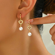 Elegant Heart Stainless Steel Cubic Zirconia Leverback Earrings, Golden, with Imitation Pearl, White, 35x7.5mm(JP4081)