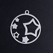 201 Stainless Steel Pendants, Circle with Star, Stainless Steel Color, 22.5x20x1mm, Hole: 1.5mm(STAS-S105-JN386-1)