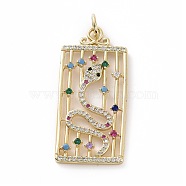 Brass Micro Pave Colorful Cubic Zirconia Pendants, Real 18K Gold Plated, with Jump Ring, Rectangle Charms, Snake, 40.5x19x2mm, Jump Ring: 7x1mm, Inner Diameter: 5mm(KK-E068-VF029)