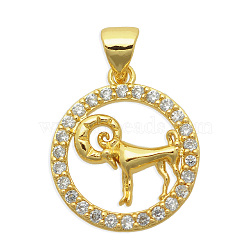 Brass Micro Pave Clear Cubic Zirconia Pendants, Cadmium Free & Nickel Free & Lead Free, Light Gold, Flat Round with 12 Constellations, Aries, 18.5x16x3~4mm, Hole: 3.5x5mm(KK-N241-LA823-1-NR)