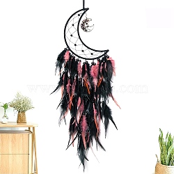 Gothic Style Iron Woven Web/Net with Feather Pendant Decorations, with Mixed Crystal Beads, Covered Wax Cord, Moon, 740x200mm(PW-WG80077-02)