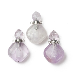 Natural Amethyst Perfume Bottle Pendants, with Platinum Brass Findings, Rhombus, 35mm, Hole: 1.6mm(G-D058-13P-01)