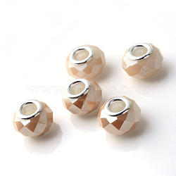 Electroplated Glass European Beads, Large Hole Beads, with Brass Cores, Silver Color Plated, Imitation Jade, Faceted Rondelle, Blanched Almond, 14x9.5mm, Hole: 5mm(X-GPDL-Q020-04)