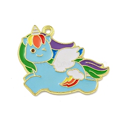 Alloy Enamel Pendants, Golden, Unicorn Charm, Sky Blue, 25x31x1mm, Hole: 1.8mm(ENAM-Z015-01G-02)