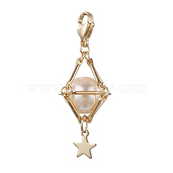 Brass Shell Pearl Pendant Decorations, Diamond with Star, Golden, 47.5mm(HJEW-JM01816-01)