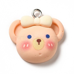 Opaque Resin Pendants, Animal Charm, with Platinum Tone Iron Loops, PeachPuff, Bear, 21.5x21.5x8mm, Hole: 2.2mm(RESI-G056-01C)