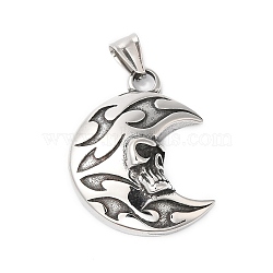 Halloween 304 Stainless Steel Pendants, Moon with Skull Charm, Antique Silver, 48mm, Hole: 6.5x5mm(STAS-R121-02AS)