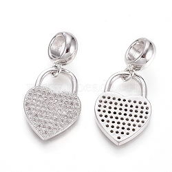 Brass Micro Pave Clear Cubic Zirconia European Dangle Charms, Large Hole Pendants, Heart Lock, Platinum, 27mm, Hole: 5mm, Heart: 19x13x2mm(OPDL-L016-06P)