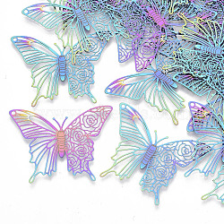 Ion Plating(IP) 201 Stainless Steel Filigree Pendants, Etched Metal Embellishments, Butterfly, Rainbow Color, 31x40x0.3mm, Hole: 1.4mm(X-STAS-R102-29)