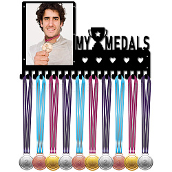 Iron Medal Holder, 20 Hook Medal Display Hanger Rack, with Photo Frame & Screws, Black, Trophy, 250x420mm, Hole: 5mm(AJEW-WH0601-007)