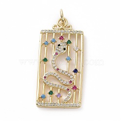 Brass Micro Pave Colorful Cubic Zirconia Pendants, Cadmium Free & Nickel Free & Lead Free, Real 18K Gold Plated, with Jump Ring, Rectangle Charms, Snake, 40.5x19x2mm, Jump Ring: 7x1mm, Inner Diameter: 5mm(KK-E068-VF029)