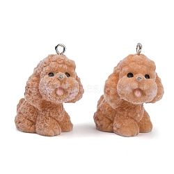 Flocky Resin Pendants, Dog, with Platinum Iron Loop, Chocolate, 33x21x27.5mm, Hole: 2mm(FIND-A052-06K)