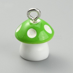 Opaque Resin Pendants, with Platinum Tone Alloy Loops, Mushroom Charm with Polka Dot Pattern, Lawn Green, 15x11mm, Hole: 2mm(RESI-CJC0012-17H)