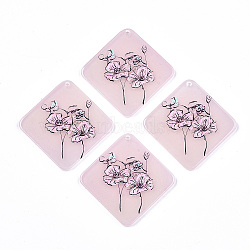 Acrylic Pendants, 3D Printed, Rhombus with Flower Pattern, Pink, 42x42x3mm, Hole: 1.8mm, Side Length: 32mm(X-KY-S163-159)