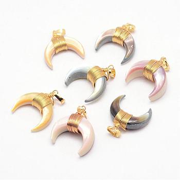 Shell Pendants, Dyed, with Brass Finding, Double Horn/Crescent Moon, Golden, Mixed Color, 28mm, Hole: 4x6mm