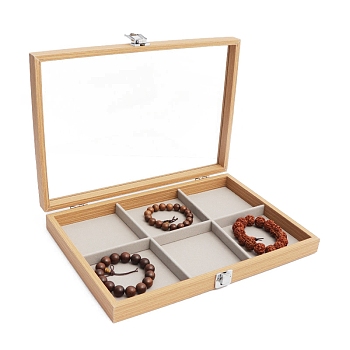 Rectangle Wooden Jewelry Presentation Boxes with 6 Compartments, Clear Visible Jewelry Display Case for Bracelets, Rings, Necklaces, Navajo White, 35x24x4.5cm