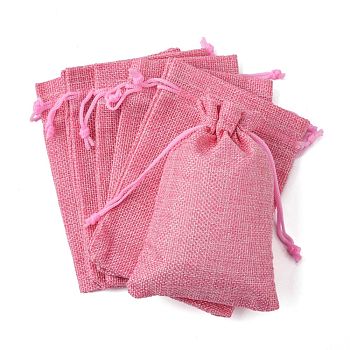 Polyester Imitation Burlap Packing Pouches Drawstring Bags, Flamingo, 13.5x9.5cm