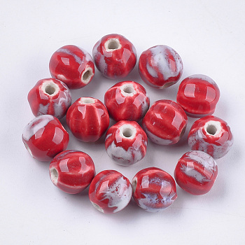 Handmade Porcelain Beads, Fancy Antique Glazed Porcelain, Round, Red, 11~12x10~11x10~10.5mm, Hole: 2~2.5mm