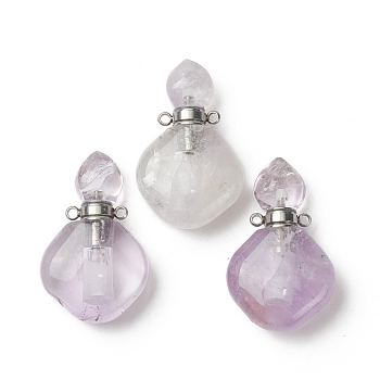 Natural Amethyst Perfume Bottle Pendants, with Platinum Brass Findings, Rhombus, 35mm, Hole: 1.6mm
