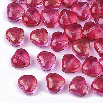 Transparent Spray Painted Glass Beads, with Glitter Powder, Heart, Camellia, 6x6x4mm, Hole: 0.9mm