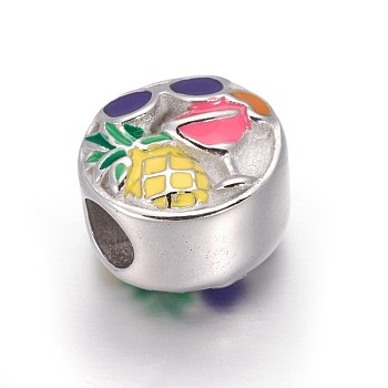 304 Stainless Steel European Beads, with Enamel, Large Hole Beads, Flat Round with Glasses & Drink & Pineapple, Stainless Steel Color, Colorful, 11.5x8.5mm, Hole: 4.5mm