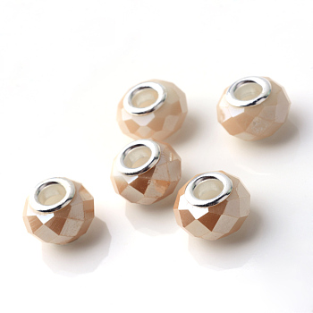 Electroplated Glass European Beads, Large Hole Beads, with Brass Cores, Silver Color Plated, Imitation Jade, Faceted Rondelle, Blanched Almond, 14x9.5mm, Hole: 5mm