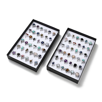 36Pcs Natural & Synthetic Mixed Gemstone Open Cuff Ring Set, with Rack Plating Brass and Paper Box, Oval, Inner Diameter: 17.5~18.8mm