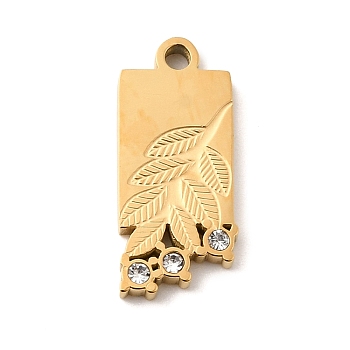304 Stainless Steel Pendants, Leaf Charms, with Rhinestone, Ion Plating(IP), Real 18K Gold Plated, 17x7.5x2mm, Hole: 1.5mm