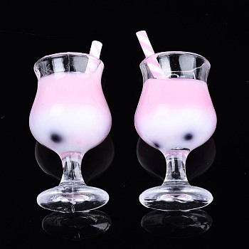 Plastic Goblet Pendants, Imitaion Bubble Tea/Boba Milk Tea Charms, with Epoxy Resin and Polymer Clay inside, Platinum Tone Iron Eye Pins, Two Tone, Pink, 31~39x16mm, Hole: 1.8mm