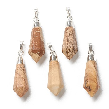 Natural Picasso Jasper Pendants, with Silver Brass Findings, Faceted, Bullet, 40x12x11mm, Hole: 7x5mm