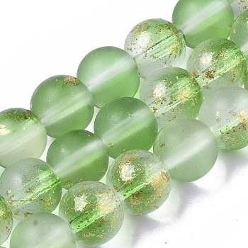 Frosted Spray Painted Glass Beads Strands, with Golden Foil, Round, Lime Green, 8~9mm, Hole: 1.2~1.5mm, about 46~56pcs/Strand, 14.37 inch~16.3 inch(36.5~41.4cm)