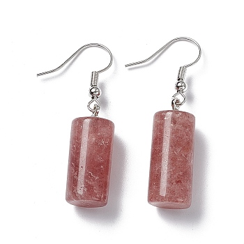 Natural Strawberry Quartz Cylindrical Dangle Earrings, Platinum Brass Jewelry for Women, 42mm, Pin: 0.7mm