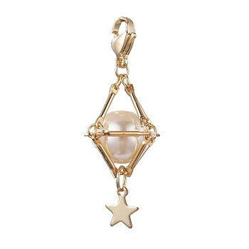 Brass Shell Pearl Pendant Decorations, Diamond with Star, Golden, 47.5mm