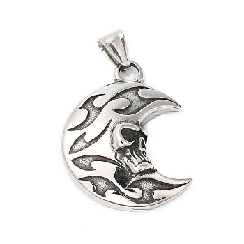 Halloween 304 Stainless Steel Pendants, Moon with Skull Charm, Antique Silver, 48mm, Hole: 6.5x5mm