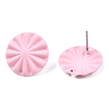 Spray Painted Iron Stud Earring Findings, with Hole, Flat Round, Pink, 17mm, Hole: 1.2mm, Pin: 0.7mm