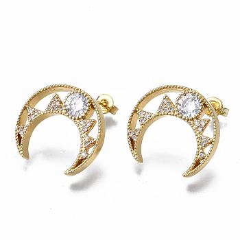 Brass Micro Pave Clear Cubic Zirconia Stud Earrings, with Earring Backs, Double Horn/Crescent Moon, Real 18K Gold Plated, 22x21x3mm, Pin: 0.7mm
