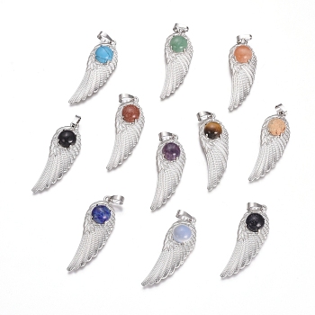 Natural & Synthetic Mixed Gemstone Pendants, with Platinum Tone Brass Findings, Wing, 47x16x7.5mm, Hole: 7x5mm