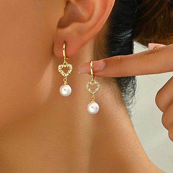 Elegant Heart Stainless Steel Cubic Zirconia Leverback Earrings, Golden, with Imitation Pearl, White, 35x7.5mm