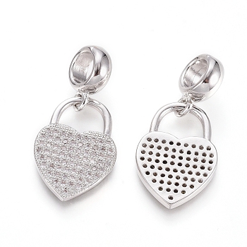 Brass Micro Pave Clear Cubic Zirconia European Dangle Charms, Large Hole Pendants, Heart Lock, Platinum, 27mm, Hole: 5mm, Heart: 19x13x2mm