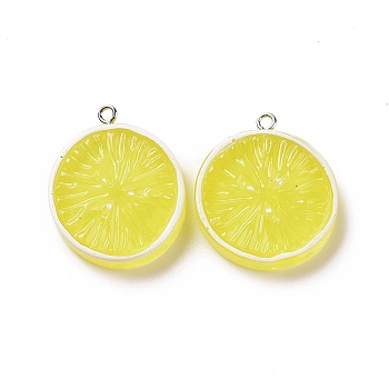 Flat Round Resin Fruit Pendants, Orange Charms, with Platinum Tone Iron Loops, Yellow, 30x26.5x5.5mm, Hole: 2mm