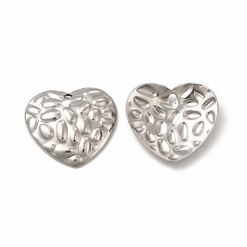 304 Stainless Steel Pendants, Textured, Heart Charm, Stainless Steel Color, 14.5x16x2.5mm, Hole: 1.2mm