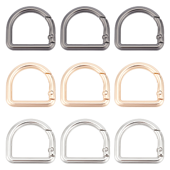 12Pcs 3 Colors Alloy Spring Gate Rings, D Ring, Mixed Color, 6 Gauge, 29.5x27.5x4mm, 4pcs/color